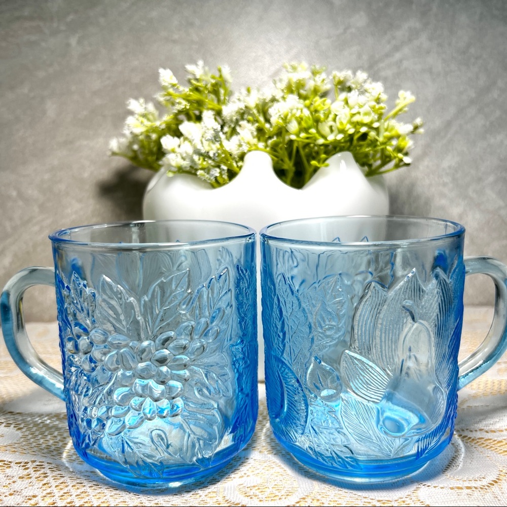 Vintage Blue Glass Coffee Mugs Set of 2 Kig Indonesia 12oz Glass Coffee Cups